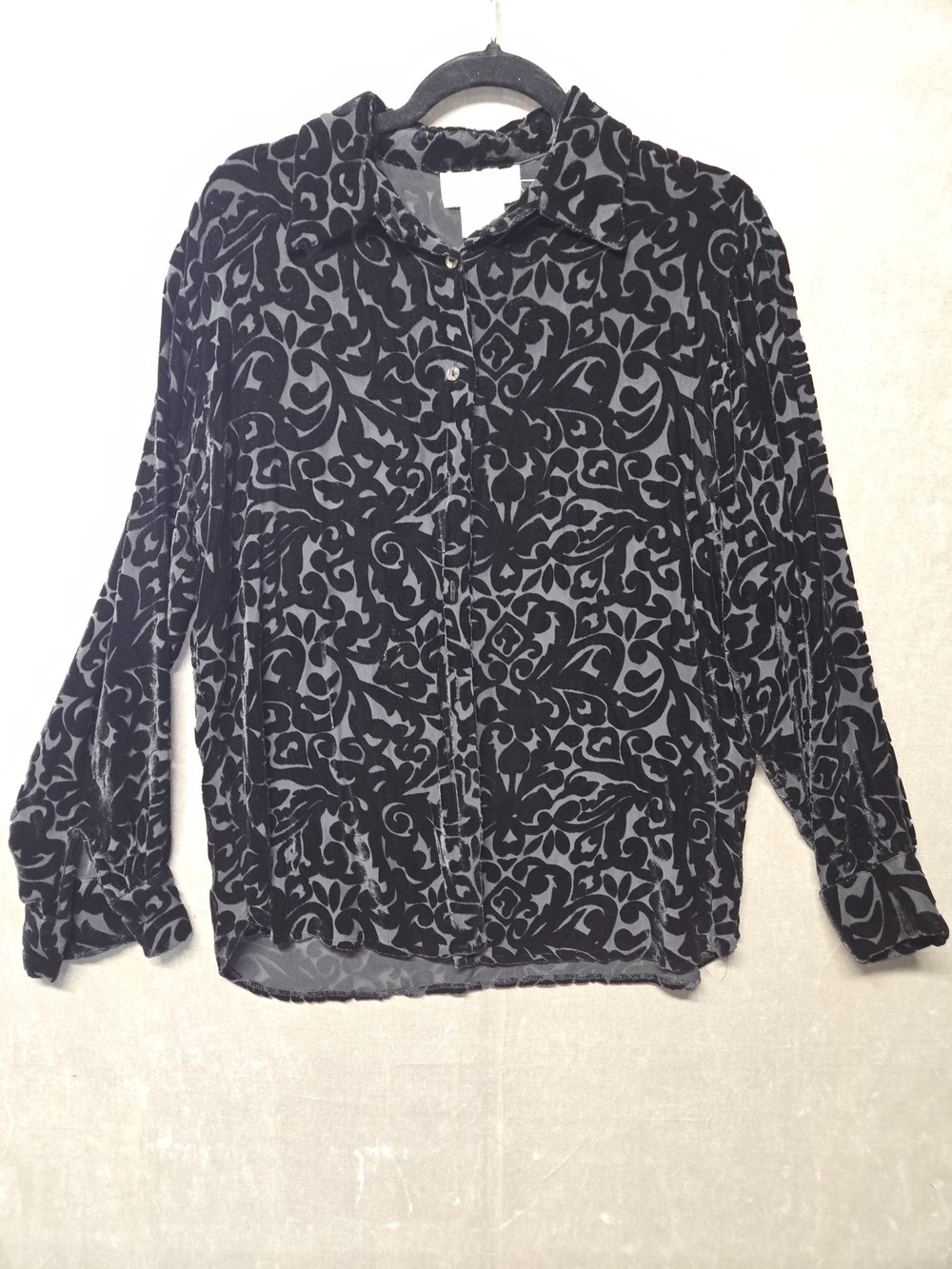 Silk Club Black Burnout Velvet Blouse Silk Rayon Damask Button Up Vintage Womens
